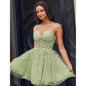 Sage Green Floral Lace Tulle Corset Mini Homecoming Dress Size 10 Embroidery